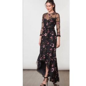 Shoshanna Floral Embroidery with sheer sleeves hi lo maxi dress size 6